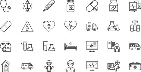 Medical healthcare line icon set. Vector pictograms of stethoscope, thermometer, syringe, pill, medicine, emergency, cross, heart, blood test, ambulance, bed, telehealth, thin linear