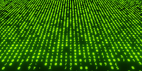 Futuristic green digital rain pattern on dark background, matrix-style cyber code concept for technology and programming themes. 3D rendering.