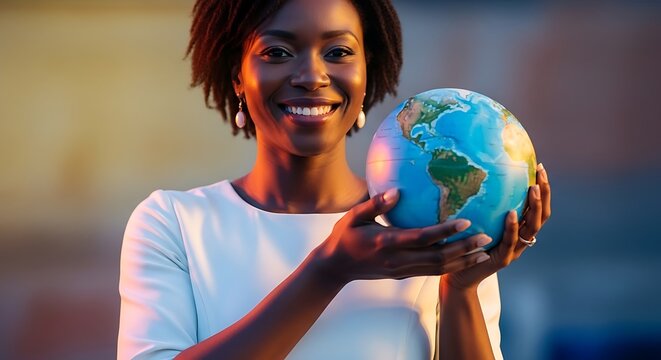 Smiling African woman holds a globe in her hands, symbolizing environmental awareness and global responsibility. She is wearing a white shirt.