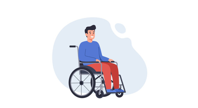 Smiling man using a wheelchair in a flat vector illustration against a soft background, symbolizing mobility and inclusivity