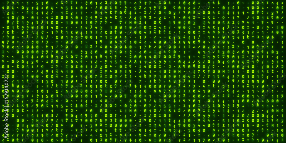 Wall mural futuristic green digital rain pattern on dark background, matrix-style cyber code concept for techno