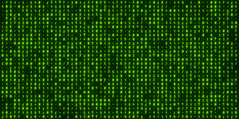 Futuristic green digital rain pattern on dark background, matrix-style cyber code concept for technology and programming themes. 3D rendering.