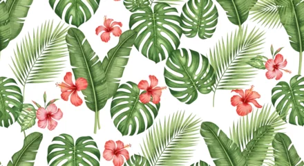 Fotobehang Tropische Bladeren Tropical Pattern with Hibiscus Flowers Palm Leaves and Monstera Foliage.  © KMB