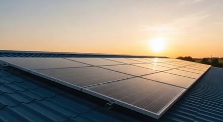 Beautiful Solar Panels on a Rooftop Capturing the Warm Glow of the Setting Sun