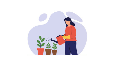 Woman in red sweater watering potted plants in vector illustration gardening scene shows care for nature and growth in home garden