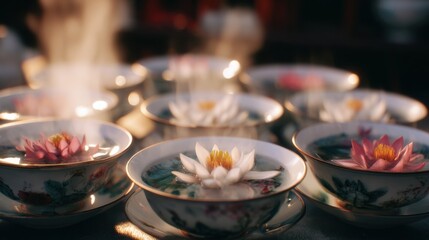 Delicate porcelain teacups with floating lotus flowers, bathed in golden sunset light for Qixi Festival.