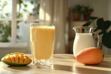 A refreshing mango smoothie in a glass, accompanied by fresh mango slices and a pitcher of milk.