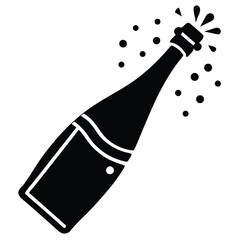 Popping Champagne Bottle Illustration Black Silhouette with Bubbles for Celebration Theme