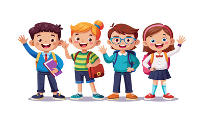 Cheerful Schoolchildren Waving and Ready for School