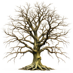 Fototapeta premium A solitary, bare tree with gnarled branches and exposed roots, isolated on a transparent background
