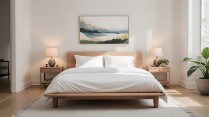 Serene bedroom featuring a plush white bed elegant mirrored vanity and calming blue walls