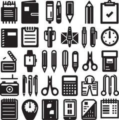 Obraz premium Stationery Supplies Collection: A comprehensive collection of essential stationery supplies and tools, illustrated with detailed outlines.