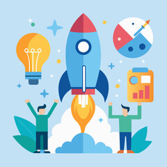 Team Planning and Celebrating with Rocket Launch, Idea Lightbulb, and Growing Graph – Flat Vector Design Representing Success and Collaboration

