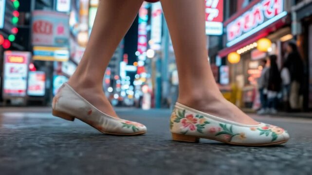 Close-up extremo de las piernas de una mujer caminando con elegantes zapatos chinos de seda bordada