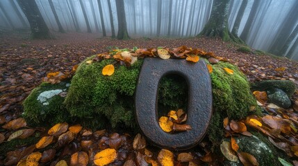 Rusty metal "0" amidst autumn leaves and moss