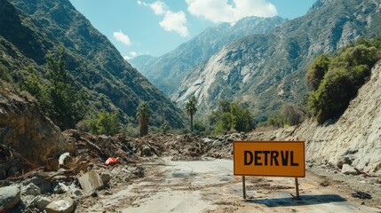 Mountain road blocked by debris from a landslide