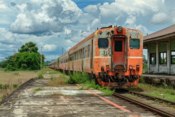 Obraz premium Rusty abandoned train parked next to a ruined platform with overgrown weeds and a cloudy sky