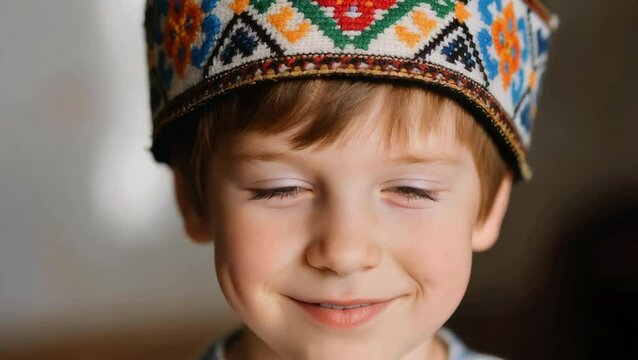 Close-up de un niño con un gorro ucraniano tradicional, a menudo llamado "Vinok" 