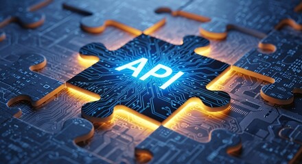 Glowing api puzzle piece connects to circuit board technology concept