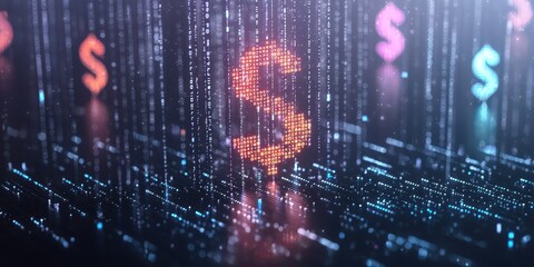 Fototapeta premium Economy forex background concept. Abstract digital representation of currency symbols and data streams.