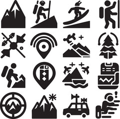 Adventure Icons: A collection of intricately designed vector icons depicting various outdoor activities, perfect for travel and adventure-themed projects.