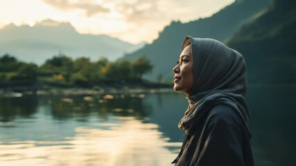 Contemplative Woman in Hijab Enjoys Tranquil Lakeside Scenery During Sunset Reflection