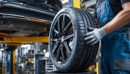 Fototapeta premium Mechanic in Blue Overalls Changing SUV Tire in Garage, Inspecting Glowing Tire with White Gloves Against Gray Wall Background