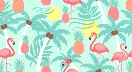 Tropical Flamingo and Pineapple Pattern with Palm Trees and Yellow Sun.
