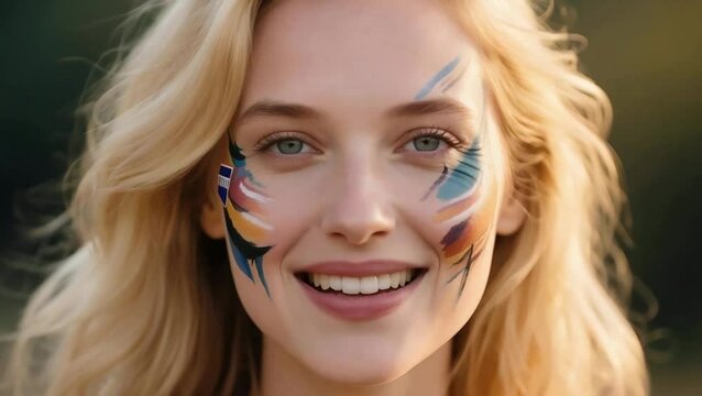 Close-up mujer rubia con su cara pintada