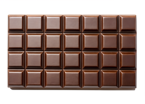 A detailed closeup of a segmented dark chocolate bar with a glossy finish isolated on transparent background