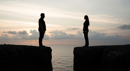 A romantic couple's silhouette against a sunset sky, walking on the beach with their child