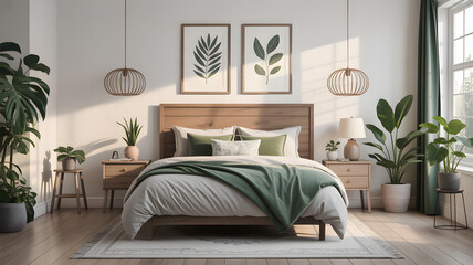 Serene bedroom with a wooden bed green accents and abundant natural light
