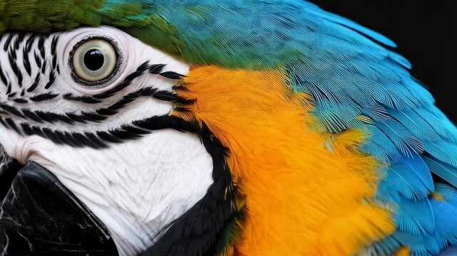 Detailed close up portrait of a colorful macaw parrot featuring vibrant blue, yellow, and green feathers with intricate patterns.