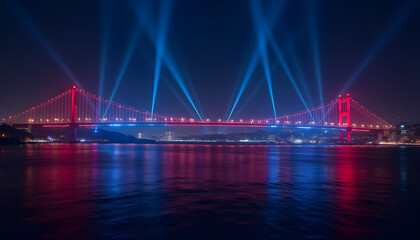 Obraz premium Vibrant illuminated bridge at night