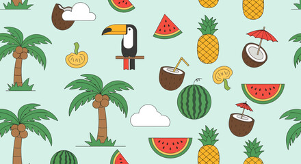 Tropical pattern with toucan palm trees watermelon pineapple coconut and cloud.