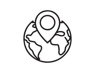 Stylized black line art icon of a globe with a location pin on top isolated on white background