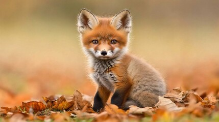Obraz premium Adorable red fox kit amidst autumn leaves