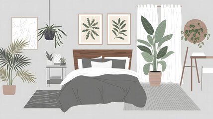 Modern minimalist bedroom interior with plants and abstract art for a serene and stylish living space