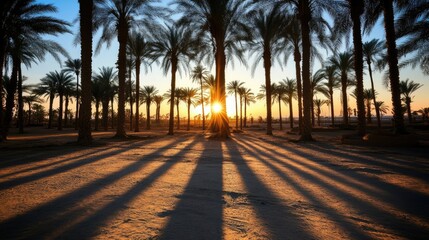 Palm trees at sunset, long shadows