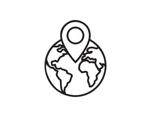 Global location pin icon placed on a simple line drawing of planet earth isolated on white background
