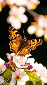 Anglewing butterfly perched on blooming blossoms in the spring sunshine, creating a natural, vibrant, and delicate close up view