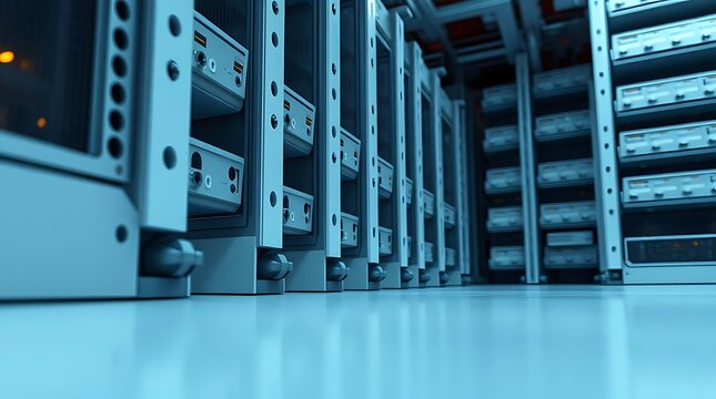 Close-up perspective inside a server room featuring multiple data racks