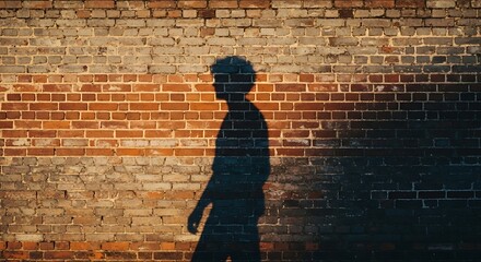 Shadow Silhouette Man Walking by Brick Wall in Golden Sunlight