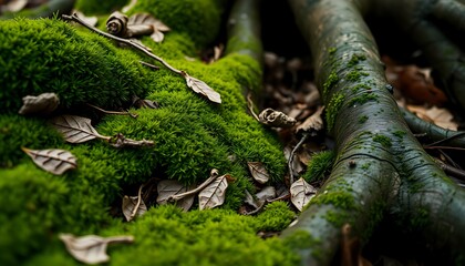 Fototapeta premium Close-Up of Moss, Leaves, and Tree Roots – Natural Forest Floor Texture