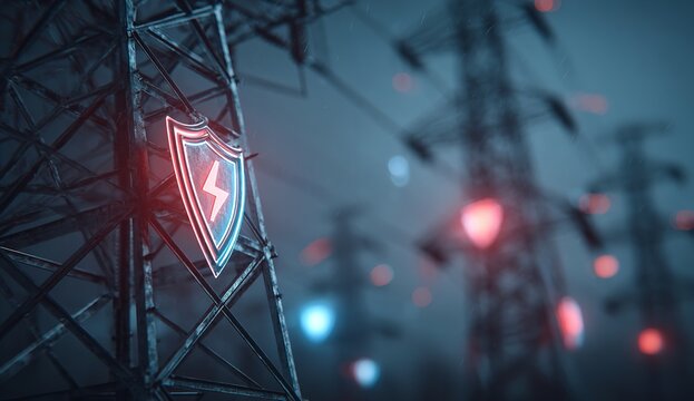 Cybersecurity Shield with Digital Grid Lines Over Electric Substation Background — Data Protection in Power Infrastructure