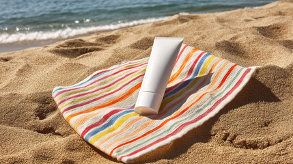 Sunscreen on beach towel summer vacation skincare protection sunblock lotion tanning lotion spf protection