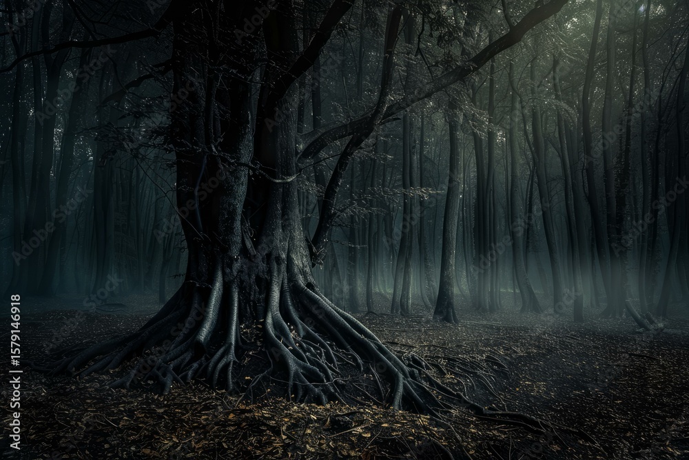Wall mural fog rolling through a dark, spooky forest with a large tree and big roots in the foreground