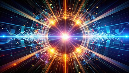 Fototapeta premium A vibrant, digital explosion of light and particles radiating from a central point, symbolizing energy, data, and futuristic technology.