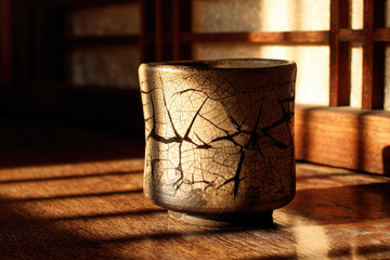 Cracked glaze ceramic cup milliliter size rustic style warm sunlight Japanese interior impermanence textured surface traditional cozy contemplative mood