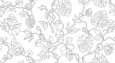 Detailed Line Art of Monstera Leaves and Vines Botanical Pattern.